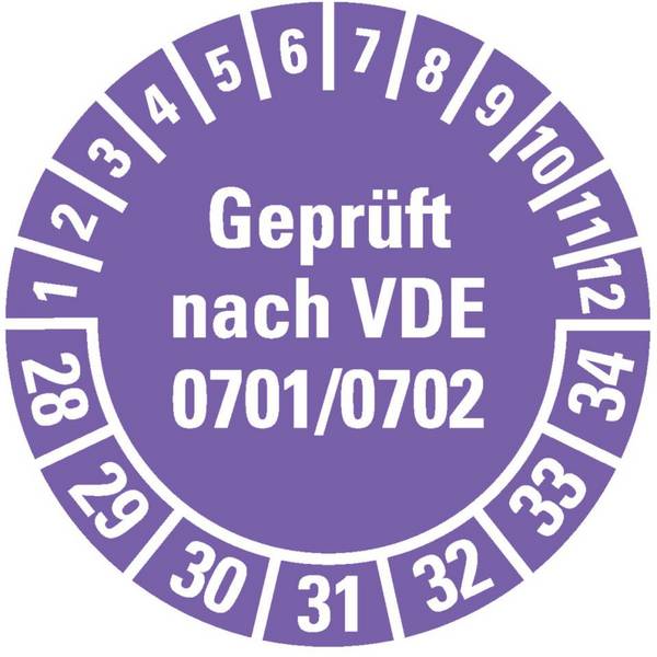 Prüfplakette Geprüft VDE 0701/0702 28-34, violett, Dokumentenfolie, Ø30mm, 18/Bogen