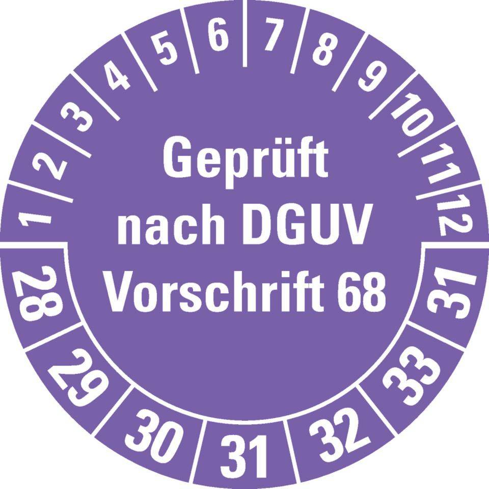 Prüfplakette Geprüft nach DGUV Vorschrift 68, 28-34, violett, Folie, Oberflächenschutz, Ø 40mm, 10/BOG-0