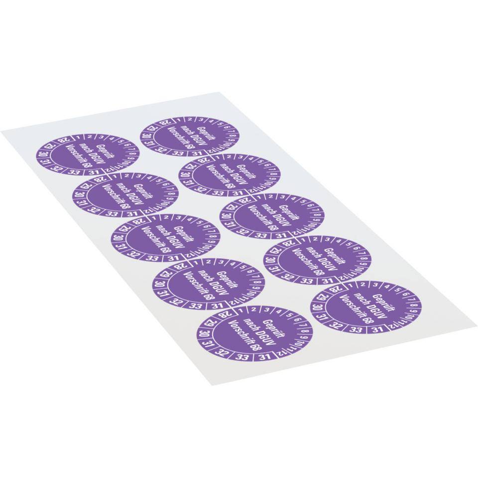 Prüfplakette Geprüft nach DGUV Vorschrift 68, 28-34, violett, Folie, Oberflächenschutz, Ø 40mm, 10/BOG-1