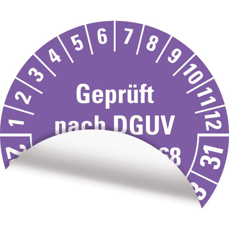 Prüfplakette Geprüft nach DGUV Vorschrift 68, 28-34, violett, Folie, Oberflächenschutz, Ø 40mm, 10/BOG-2