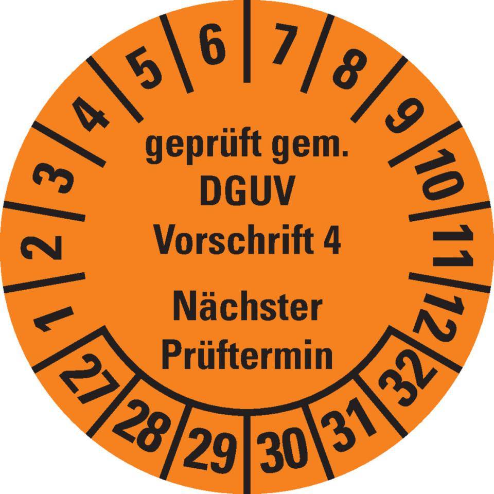 Prüfplakette Geprüft gemäß DGUV Vorschrift 4, 27-32, orange, Dokumentenfolie, Ø30mm, 18/BOG-0