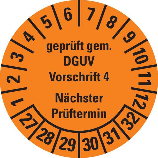 Prüfplakette Geprüft gemäß DGUV Vorschrift 4, 27-32, orange, Dokumentenfolie, Ø30mm, 18/BOG