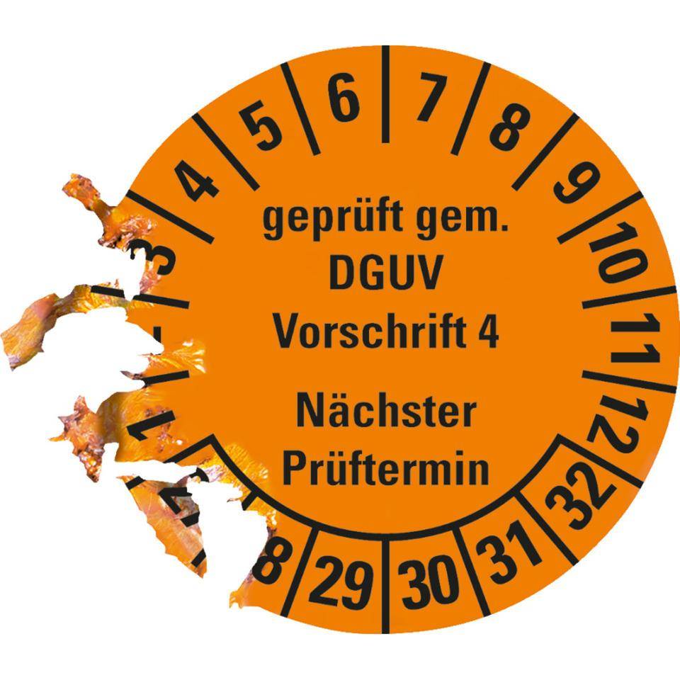 Prüfplakette Geprüft gemäß DGUV Vorschrift 4, 27-32, orange, Dokumentenfolie, Ø30mm, 18/BOG-1