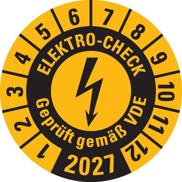 Prüfplakette ELEKTRO-CHECK Geprüft.., 2027, gelb, Dokumentenfolie, Ø 20mm, 36/Bogen