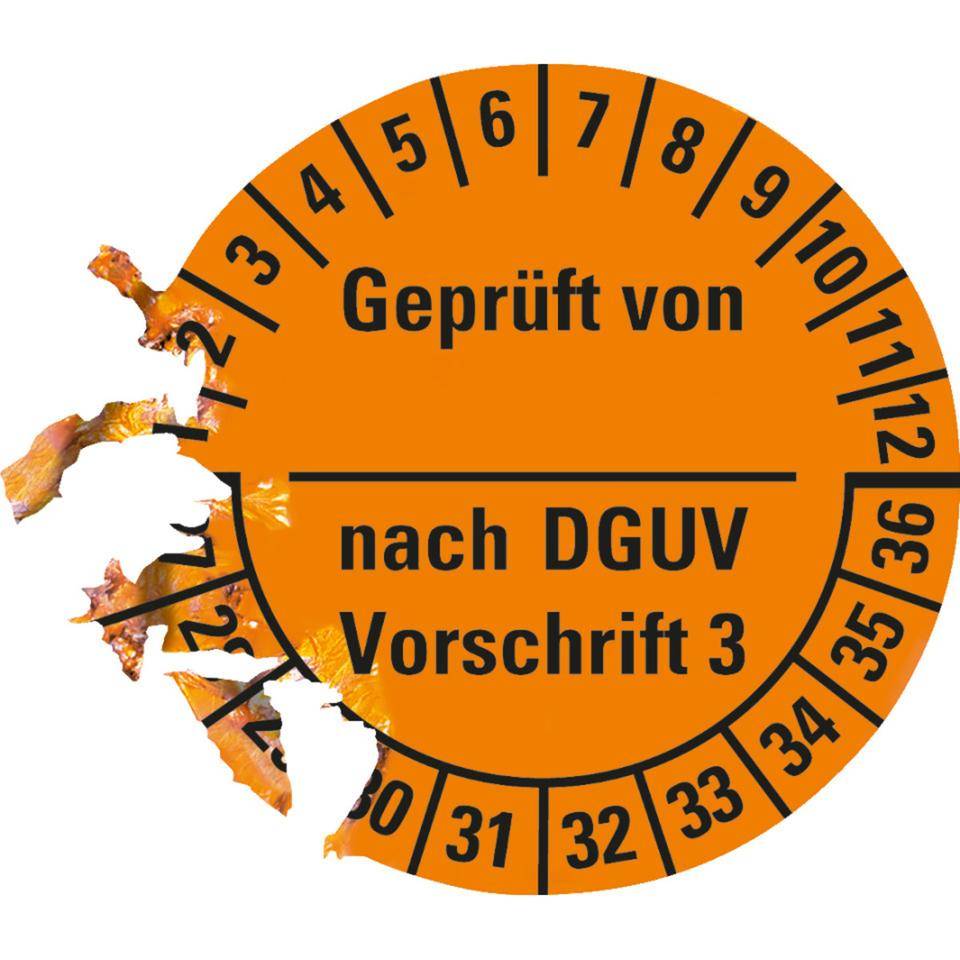 Prüfplakette Geprüft von-nach DGUV Vorschrift 3, 27-36, orange, Dokumentenfolie, Ø25mm, 21/Bogen-3
