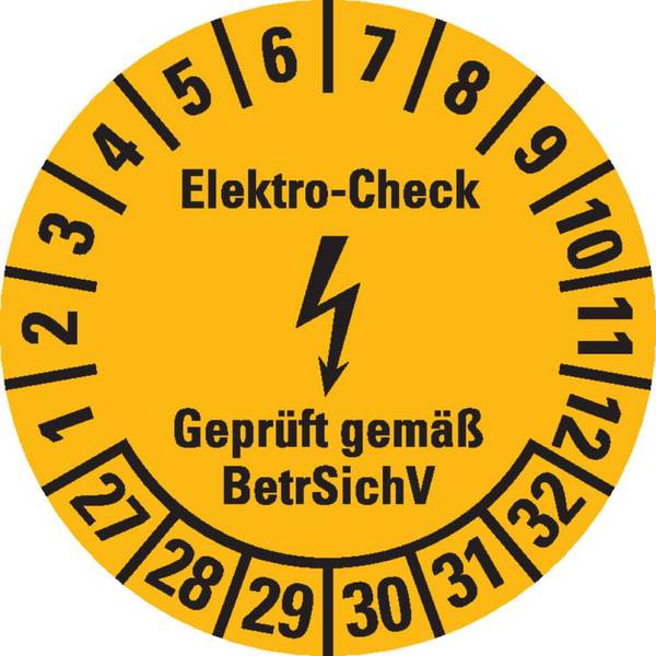 Prüfplakette Elektro-Check BetrSichV, 27-32, gelb/schwarz, Dokumentenfolie, Ø 20mm, 36/Bogen