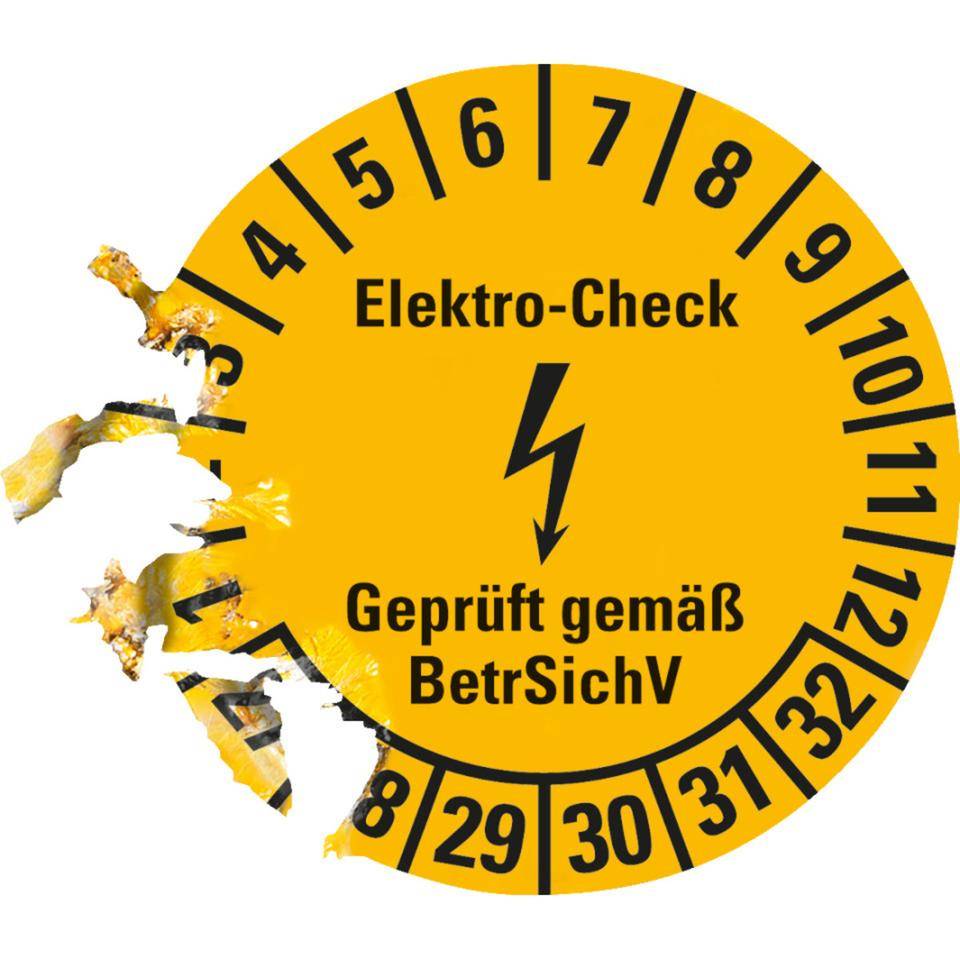 Prüfplakette Elektro-Check BetrSichV, 27-32, gelb/schwarz, Dokumentenfolie, Ø 20mm, 36/Bogen-2