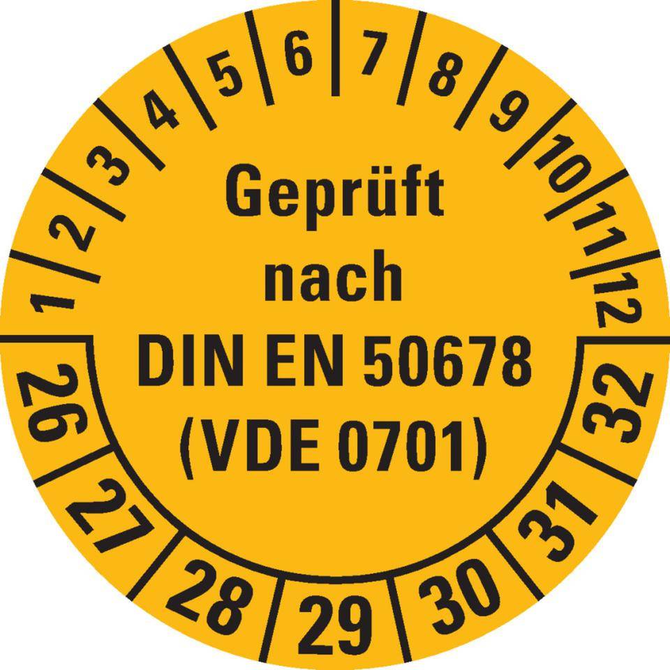Prüfplakette geprüft nach DIN EN 50678(VDE 0701) 26-32, gelb, Dokumentenfolie, Ø 30mm, 500/Rolle-0