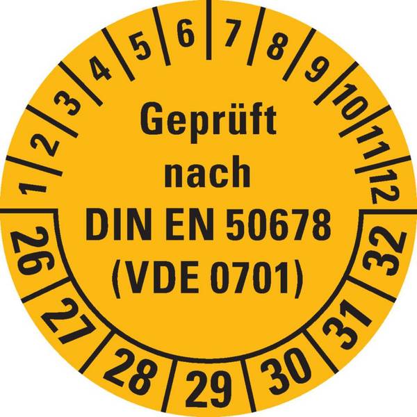 Prüfplakette geprüft nach DIN EN 50678(VDE 0701) 26-32, gelb, Dokumentenfolie, Ø 30mm, 500/Rolle