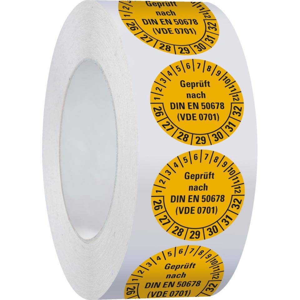 Prüfplakette geprüft nach DIN EN 50678(VDE 0701) 26-32, gelb, Dokumentenfolie, Ø 30mm, 500/Rolle-1