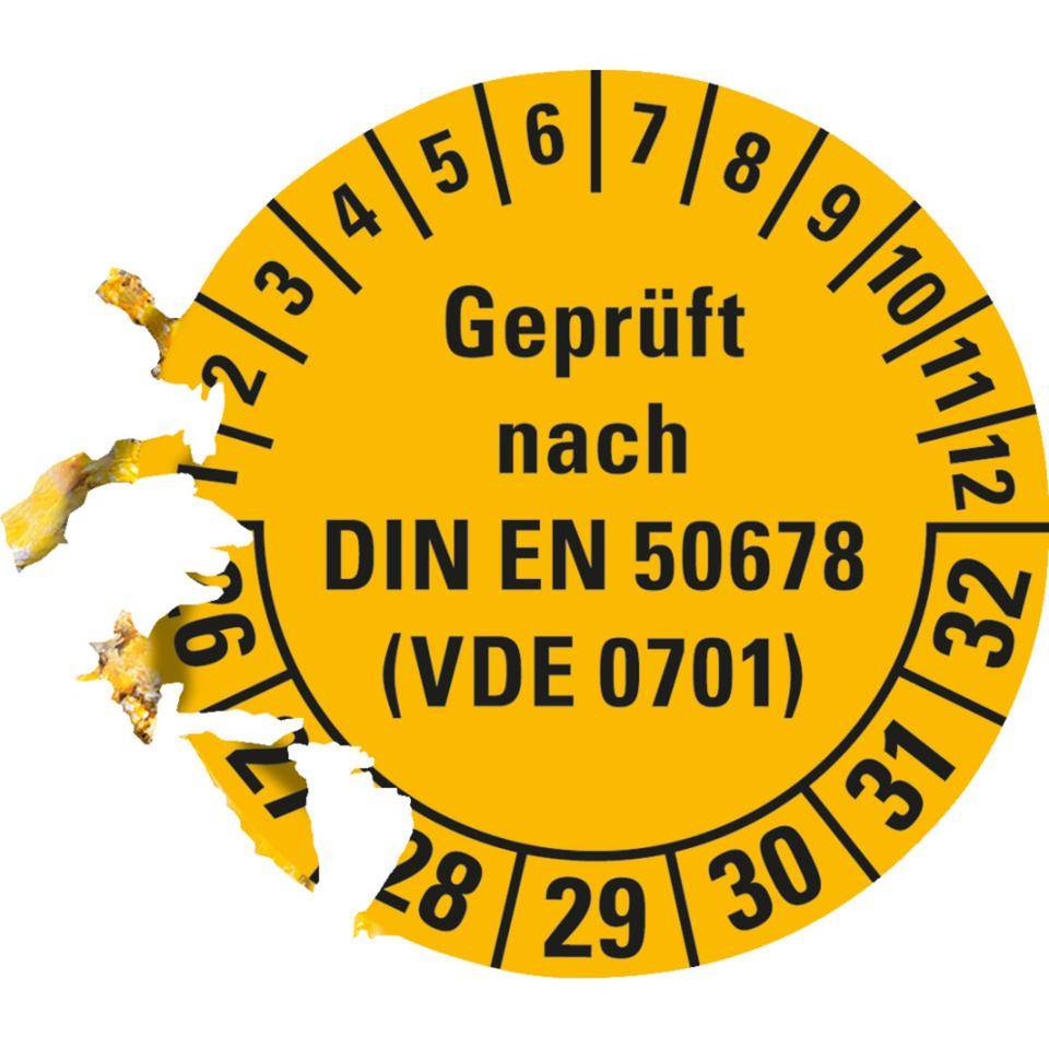 Prüfplakette geprüft nach DIN EN 50678(VDE 0701) 26-32, gelb, Dokumentenfolie, Ø 30mm, 500/Rolle-2