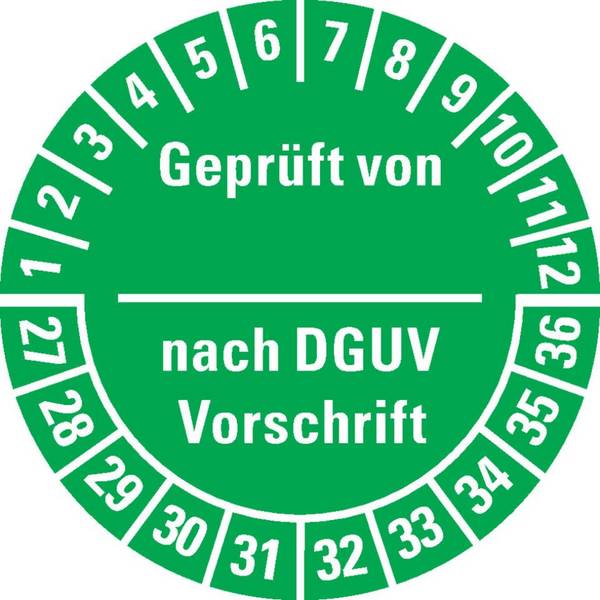 Prüfplakette Geprüft-DGUV Vorschrift, 27-36, grün, Dokumentenfolie, Ø 30mm, 18/Bogen