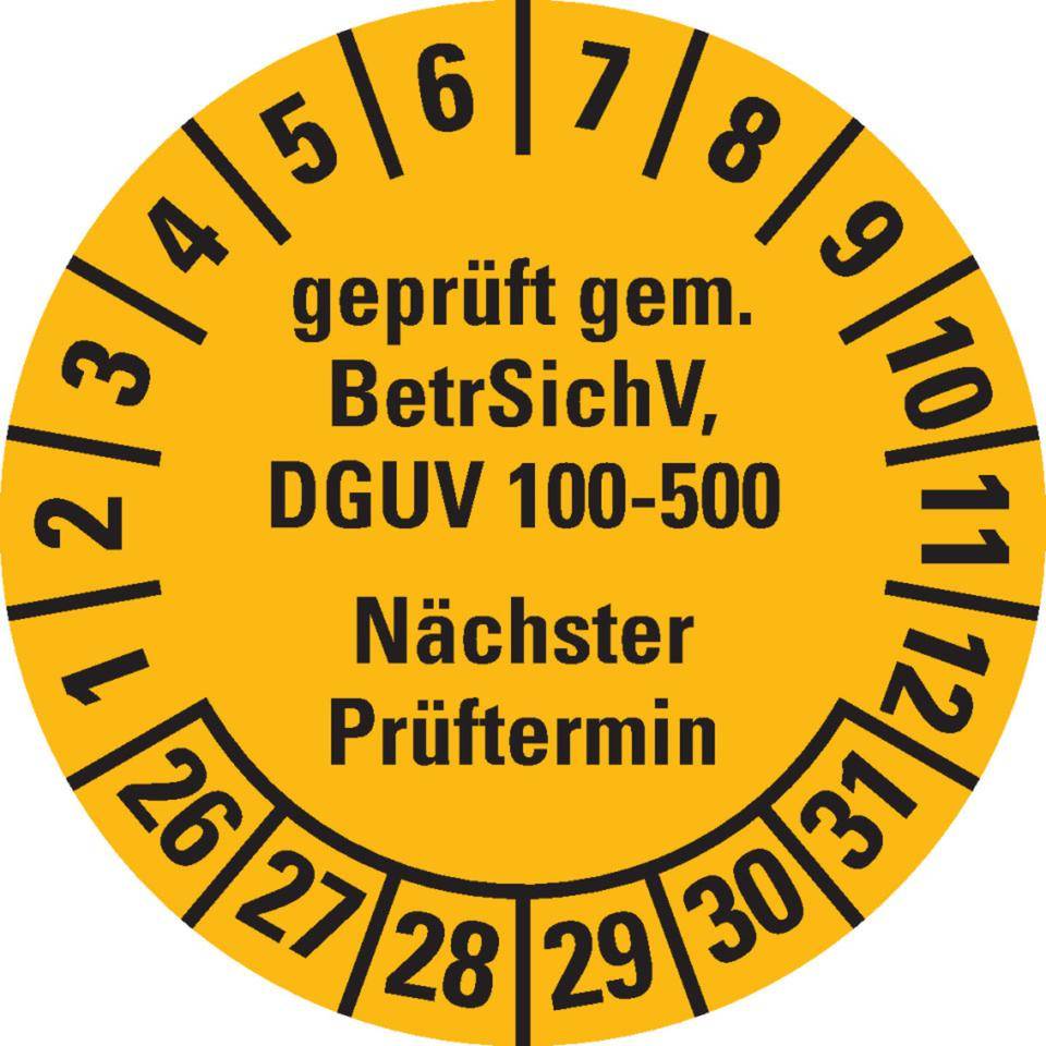 Prüfplakette geprüft gemäß BetrSichV,DGUV 100-500,Nächster Prüftermin,26-31,gelb,Dokumentenfolie,Ø30mm,18/Bogen-0