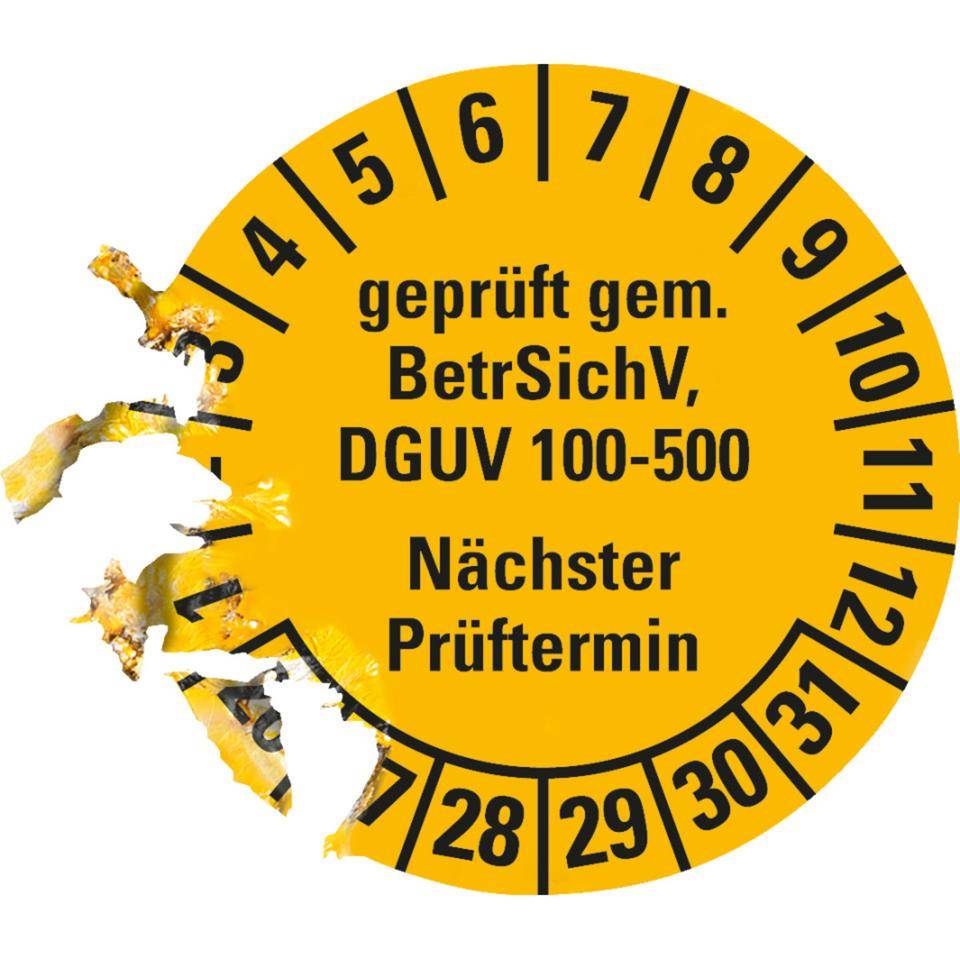 Prüfplakette geprüft gemäß BetrSichV,DGUV 100-500,Nächster Prüftermin,26-31,gelb,Dokumentenfolie,Ø30mm,18/Bogen-2