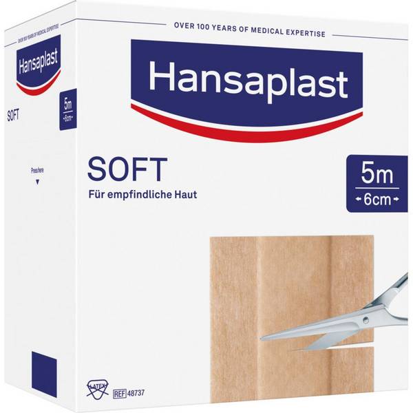 Hansaplast® Soft-Pflaster, für empfindliche Haut, sanft ablösbar, 6cm, 5m/Rolle