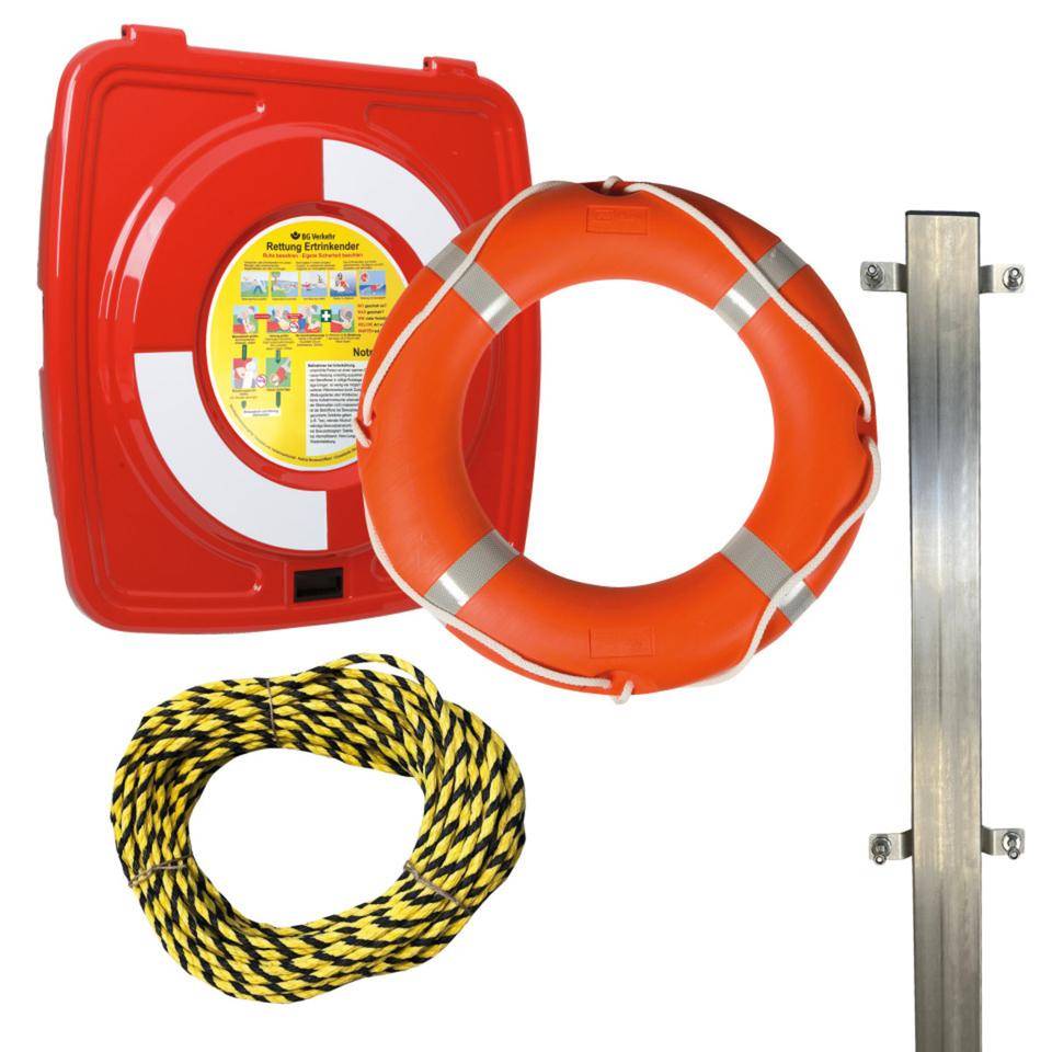 Rettungsring-Standgehäuse-Set, Kasten, Ring, Anleitung, Leine, Pfosten, Bef., 4 T/VE-0