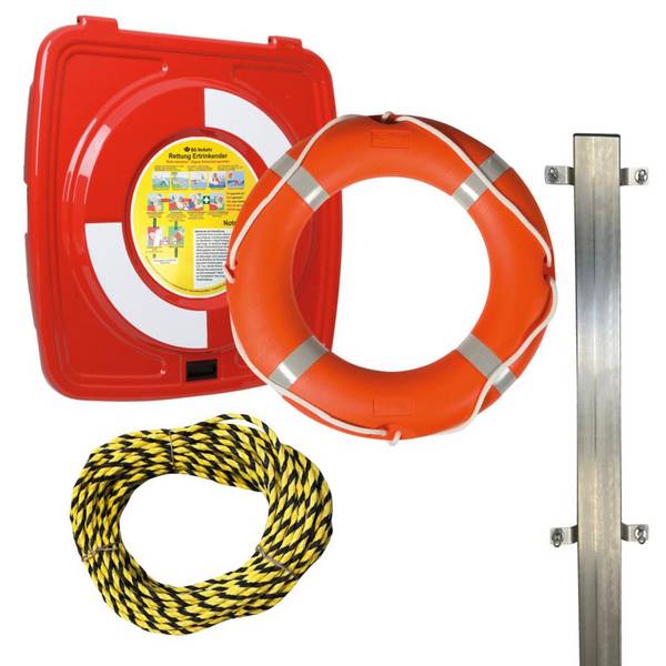 Rettungsring-Standgehäuse-Set, Kasten, Ring, Anleitung, Leine, Pfosten, Bef., 4 T/VE