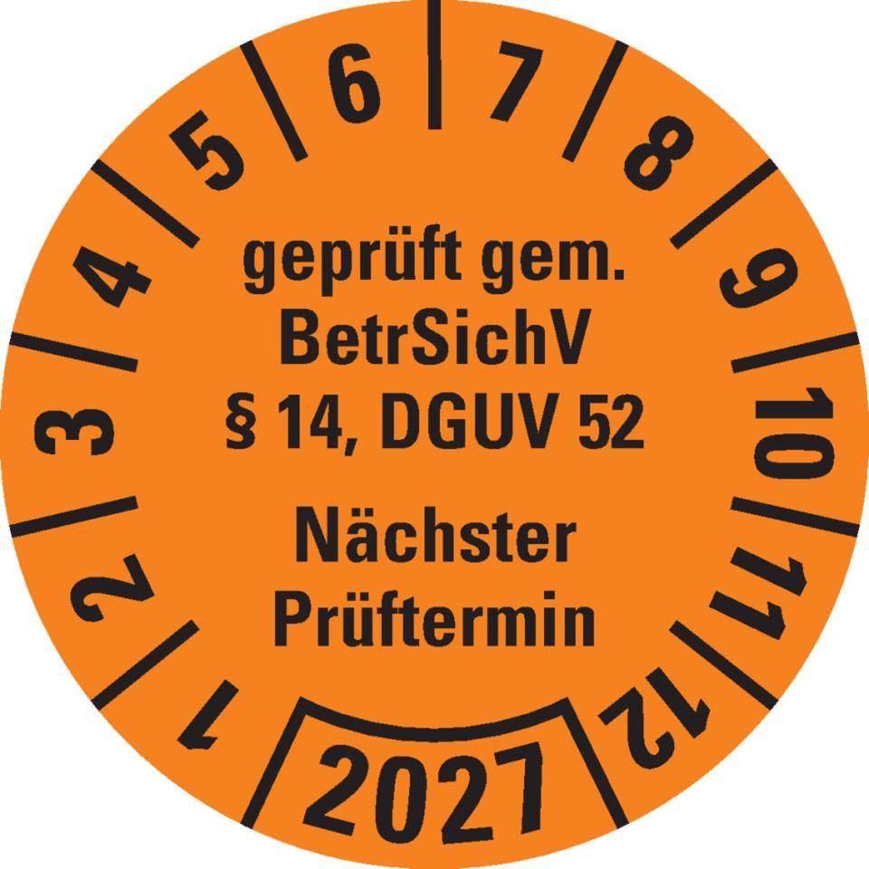Prüfplakette BetrSichV §14, DGUV52, Nächster Prüftermin, 2027, orange, Folie, Spezialkleber, Ø30mm, 18/Bogen-0
