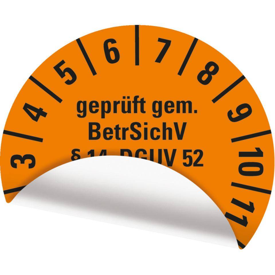 Prüfplakette BetrSichV §14, DGUV52, Nächster Prüftermin, 2027, orange, Folie, Spezialkleber, Ø30mm, 18/Bogen-2