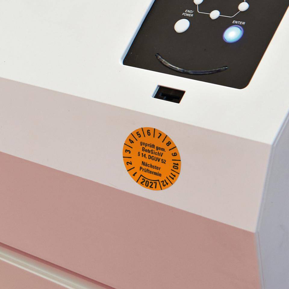 Prüfplakette BetrSichV §14, DGUV52, Nächster Prüftermin, 2027, orange, Folie, Spezialkleber, Ø30mm, 18/Bogen-3