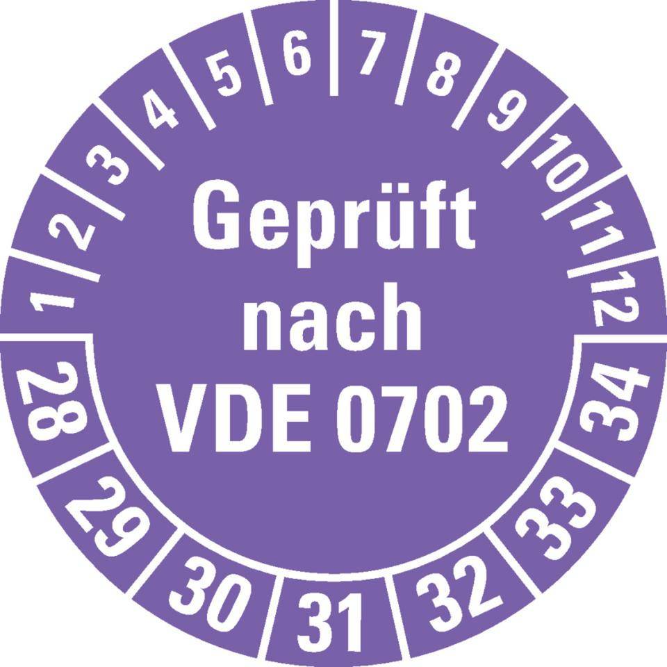 Prüfplakette Geprüft nach VDE 0702 28-34, violett, Dokumentenfolie, Ø30mm, 18/Bogen-0