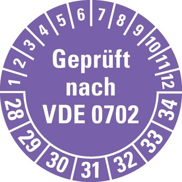 Prüfplakette Geprüft nach VDE 0702 28-34, violett, Dokumentenfolie, Ø30mm, 18/Bogen