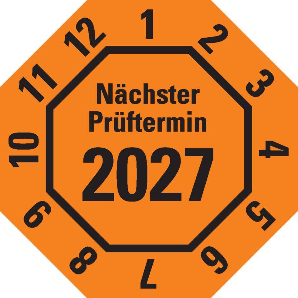 Prüfplakette Nächster Prüftermin 2027, 8-eckig, orange, Dokumentenfolie, 30x30mm, 18/Bogen-0