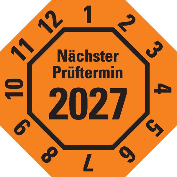 Prüfplakette Nächster Prüftermin 2027, 8-eckig, orange, Dokumentenfolie, 30x30mm, 18/Bogen