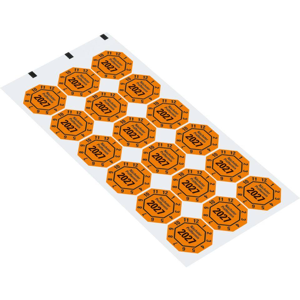 Prüfplakette Nächster Prüftermin 2027, 8-eckig, orange, Dokumentenfolie, 30x30mm, 18/Bogen-1