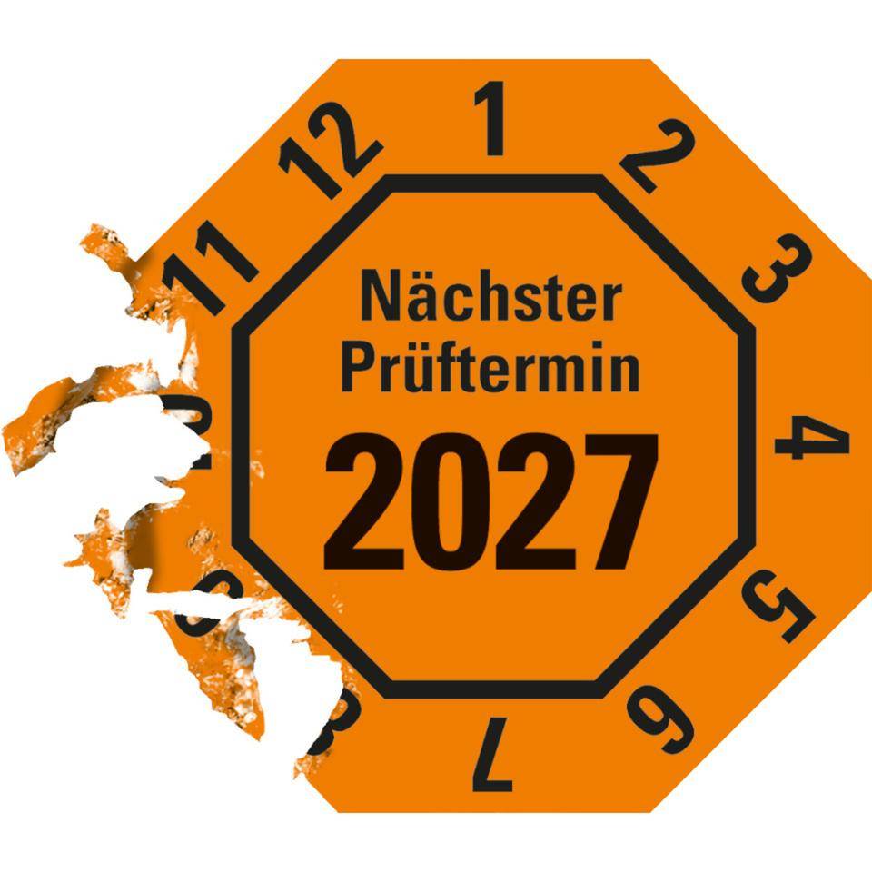 Prüfplakette Nächster Prüftermin 2027, 8-eckig, orange, Dokumentenfolie, 30x30mm, 18/Bogen-2