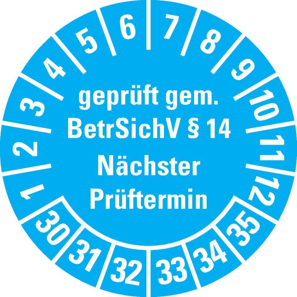 Prüfplakette geprüft gemäß BetrSichV §14, 30-35, hellblau, Dokumentenfolie, Ø30mm, 18/Bogen-0