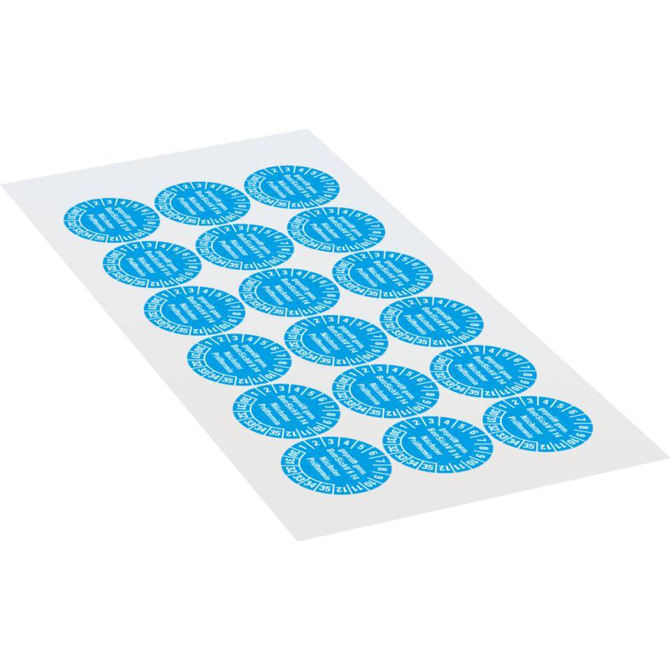 Prüfplakette geprüft gemäß BetrSichV §14, 30-35, hellblau, Dokumentenfolie, Ø30mm, 18/Bogen-1