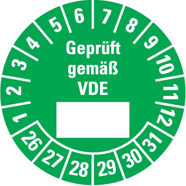 Prüfplakette Geprüft gemäß VDE 26-31, grün, Dokumentenfolie, Ø 25mm, 500/Rolle