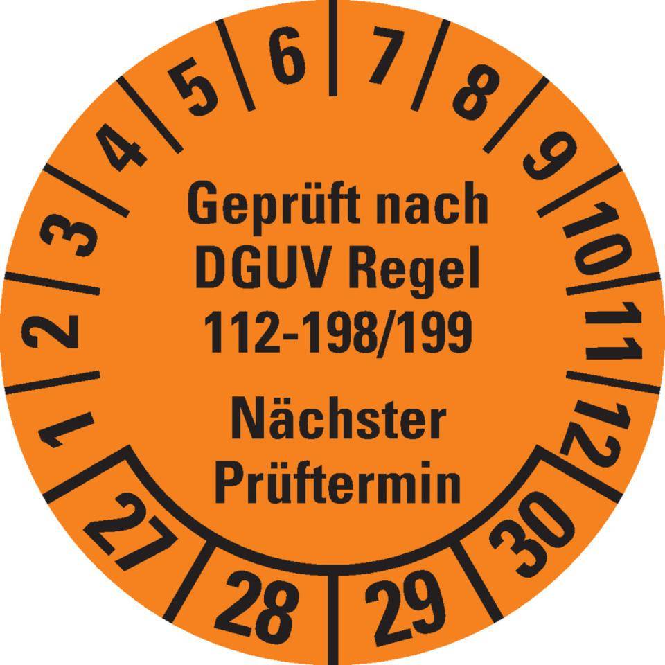 Prüfplakette Geprüft nach DGUV 112-198/199 27-30, orange, Ø 30mm, 18/Bogen-0