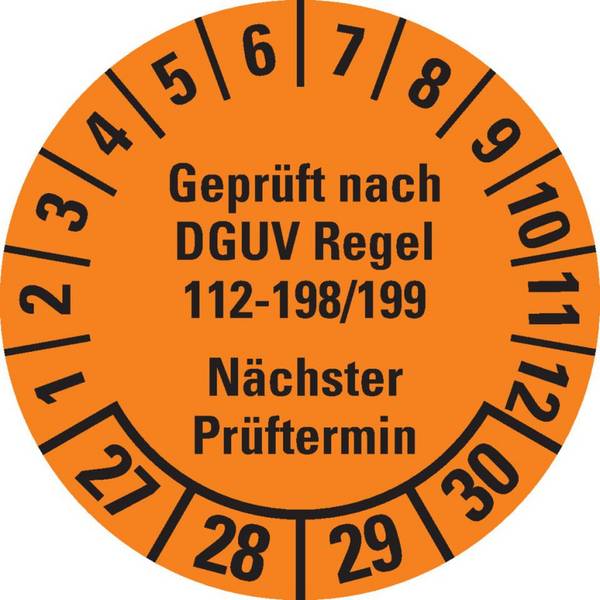 Prüfplakette Geprüft nach DGUV 112-198/199 27-30, orange, Ø 30mm, 18/Bogen