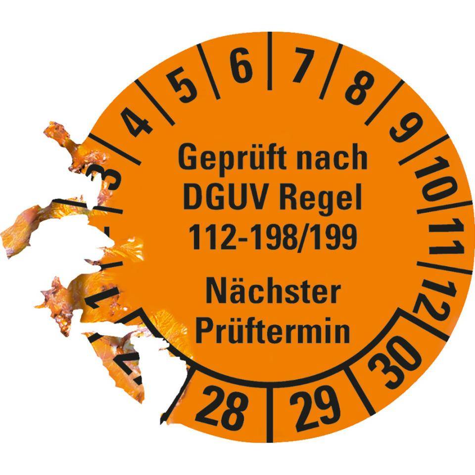 Prüfplakette Geprüft nach DGUV 112-198/199 27-30, orange, Ø 30mm, 18/Bogen-2