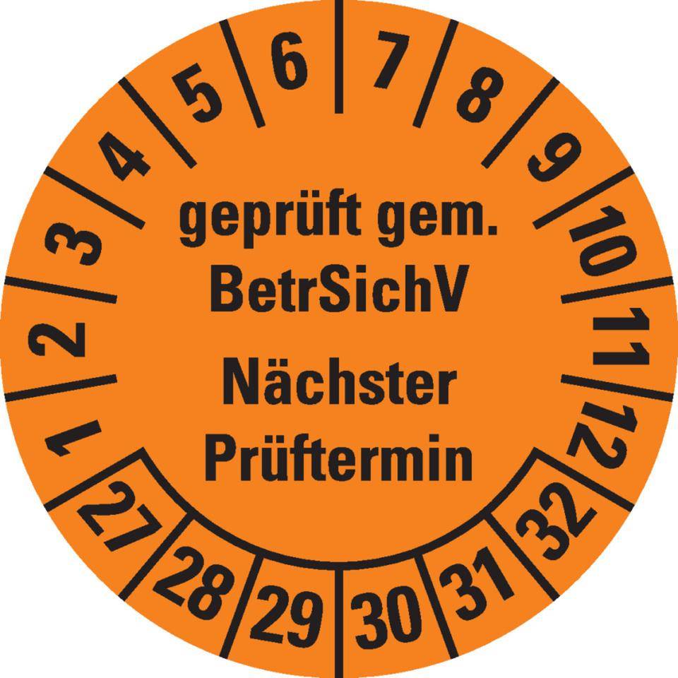 Prüfplakette BetrSichV nächster Prüftermin, 27-32, orange, Dokumentenfolie, Ø30mm, 18/Bogen-0