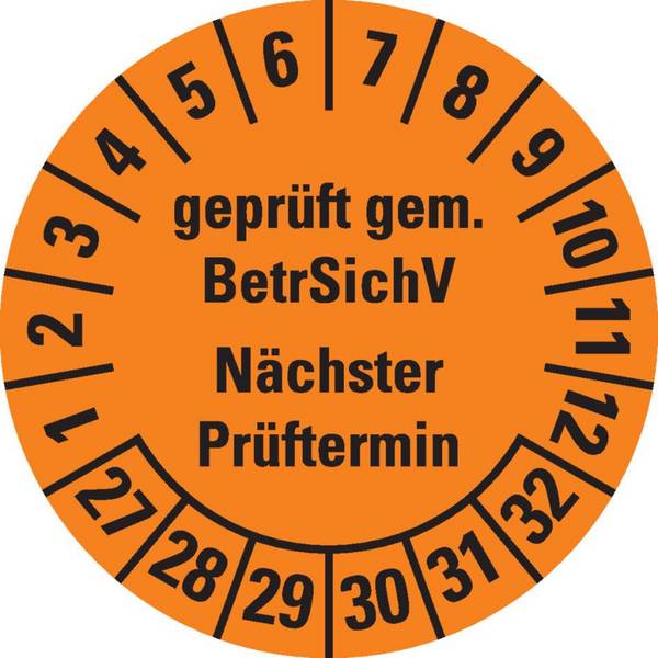 Prüfplakette BetrSichV nächster Prüftermin, 27-32, orange, Dokumentenfolie, Ø30mm, 18/Bogen