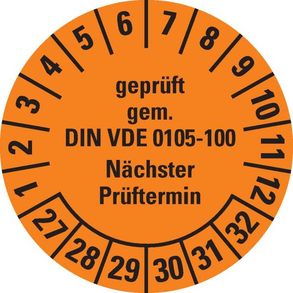 Prüfplakette geprüft gemäß VDE 0105-100, 27-32, orange, Dokumentenfolie, Ø 30mm, 18/Bogen