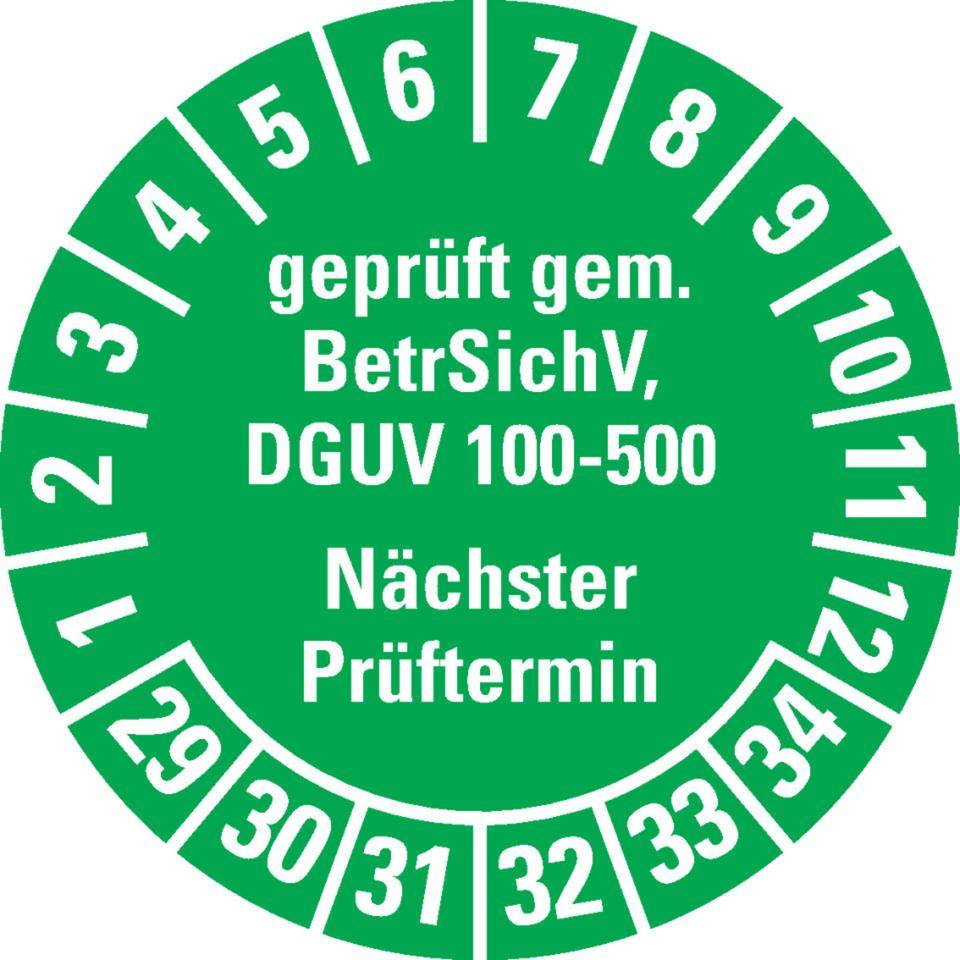 Prüfplakette gep.gemäß BetrSichV, DGUV 100-500, Nächster Prüftermin, 29-34, grün, Dokumentenfolie, Ø30mm, 18/Bogen-0