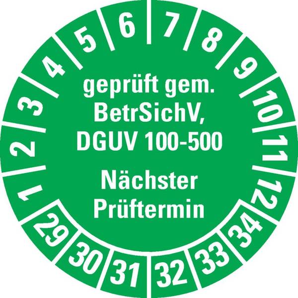 Prüfplakette gep.gemäß BetrSichV, DGUV 100-500, Nächster Prüftermin, 29-34, grün, Dokumentenfolie, Ø30mm, 18/Bogen