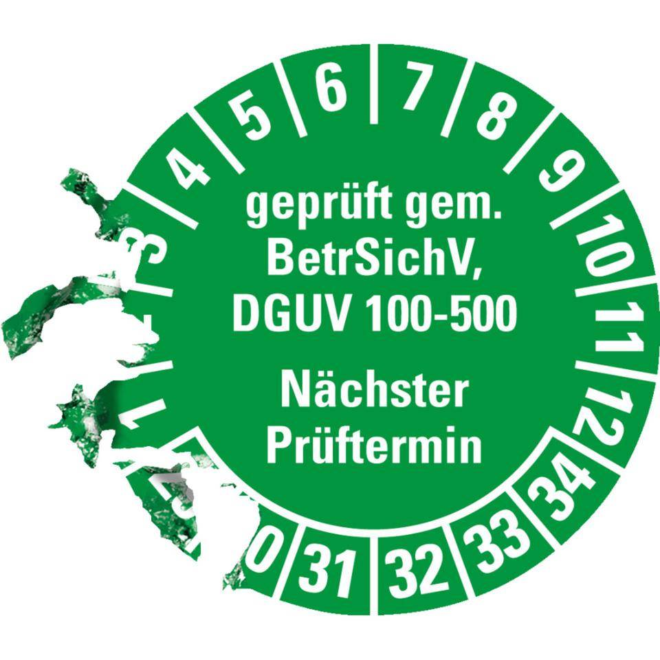 Prüfplakette gep.gemäß BetrSichV, DGUV 100-500, Nächster Prüftermin, 29-34, grün, Dokumentenfolie, Ø30mm, 18/Bogen-2
