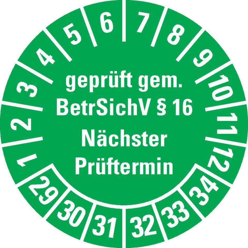 Prüfplakette geprüft gemäß BetrSichV §16, 29-34, grün, Dokumentenfolie, Ø 30mm, 18/Bogen-0