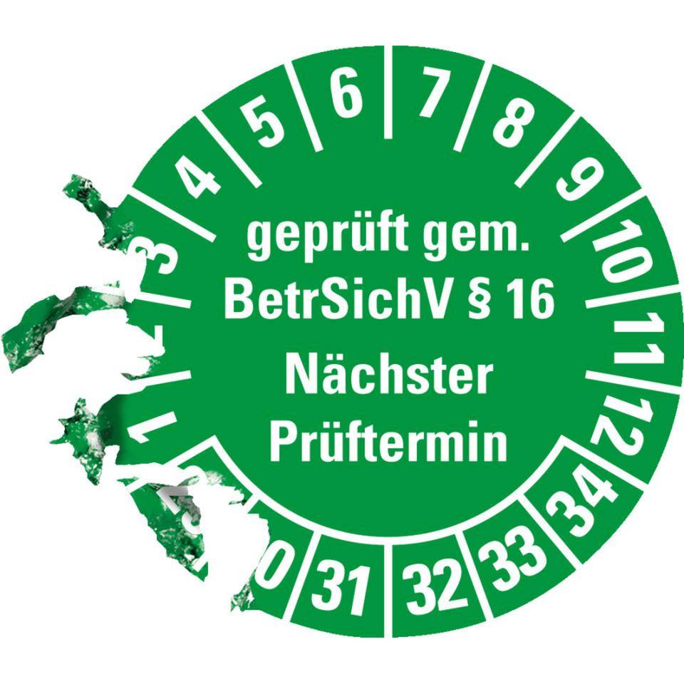 Prüfplakette geprüft gemäß BetrSichV §16, 29-34, grün, Dokumentenfolie, Ø 30mm, 18/Bogen-2