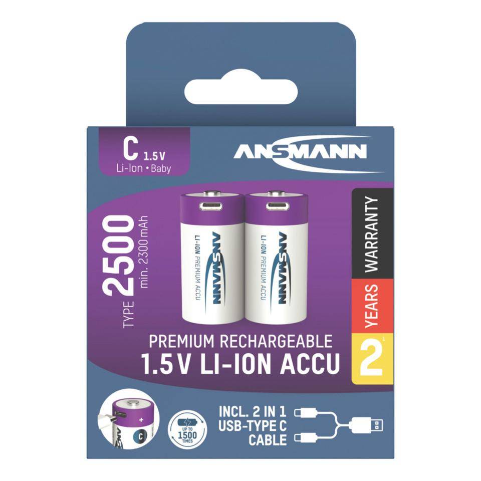 ANSMANN Lithium-Ionen Akkus Baby C Typ 2500 (min. 2300 mAh), 2/VE-3