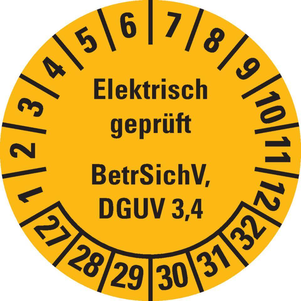Prüfplakette Elektrisch geprüft, BetrSichV, DGUV 3/4, 27-32, gelb, Dokumentenfolie, Ø 30mm, 18/Bogen-0