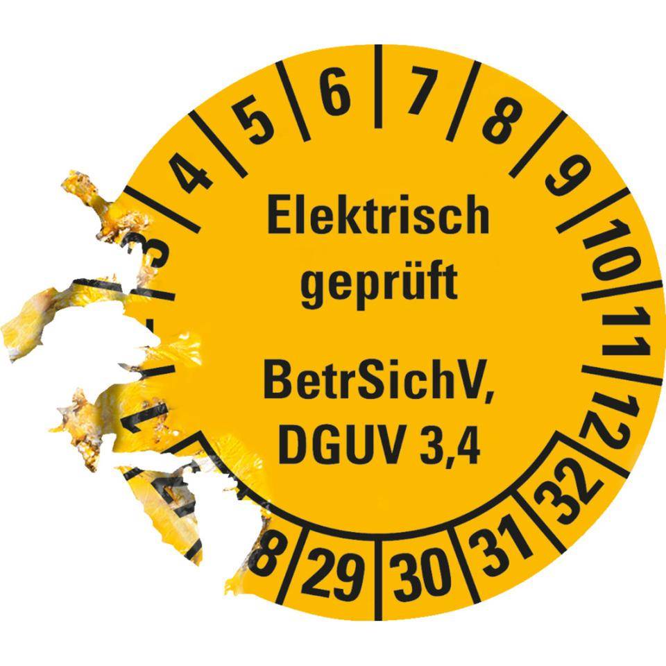 Prüfplakette Elektrisch geprüft, BetrSichV, DGUV 3/4, 27-32, gelb, Dokumentenfolie, Ø 30mm, 18/Bogen-2