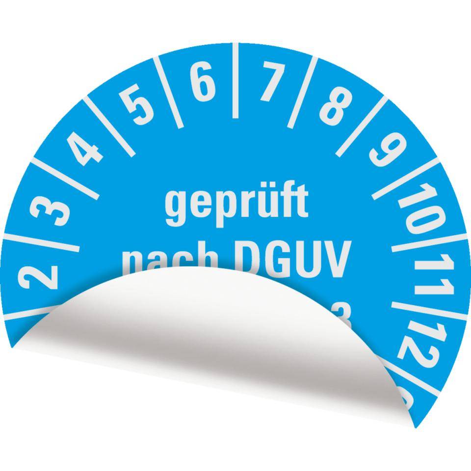 Prüfplakette geprüft nach DGUV Vorschrift 3, 30-35, hellblau, Folie, ablösbar, Ø 20mm, 36/Bogen-3