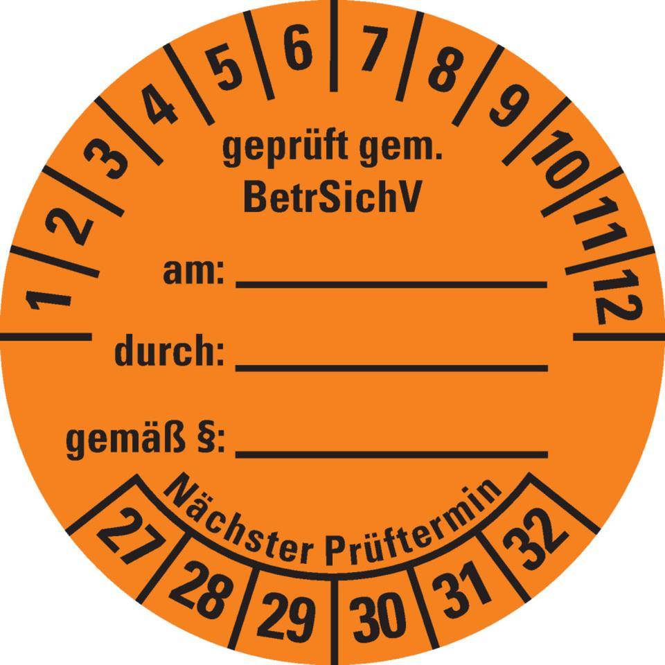 Prüfplakette gemäß BetrSichV, beschriftbar, 27-32, orange, Dokumentenfolie, Ø40mm, 10/BOG-0