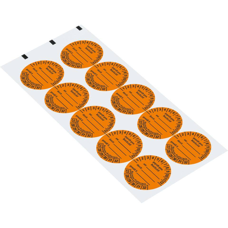 Prüfplakette gemäß BetrSichV, beschriftbar, 27-32, orange, Dokumentenfolie, Ø40mm, 10/BOG-1